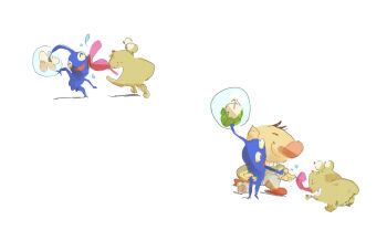 1boy ^_^ alternate_costume bad_tag big_nose black_eyes blue_pikmin blue_skin brown_hair bulbie casual closed_eyes closed_mouth colored_skin commentary dog english_commentary grey_pants happy helmet highres jason_lupas licking long_sleeves looking_at_another nintendo olimar on_one_knee pants pikmin_(creature) pikmin_(series) red_slippers saliva shadow short_hair simple_background slippers smile space_helmet sweater tongue triangle_mouth turtleneck turtleneck_sweater very_short_hair white_background white_sweater