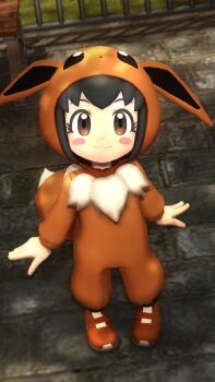 1girl 3d black_hair blush brown_eyes child corp cosplay eevee eevee_(cosplay) gen_1_pokemon nintendo outdoors poke_kid_(pokemon) pokemon pokemon_swsh smile