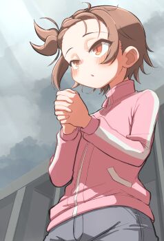 1girl absurdres asymmetrical_hair blush brown_hair grey_sky grief_loss highres jacket long_sleeves medalist_(manga) outdoors own_hands_clasped own_hands_together pink_jacket red_eyes sky solo standing yuitsuka_inori zipper_pull_tab