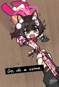 Rule 34 | + +, 1girl, :d, animal ear fluff, animal ears, black hair, blue archive, braid, d-flag shelter, floral print, fox ears, fox girl, fox mask, fox tail, go do a crime (meme), gun, izuna (blue archive), japanese clothes, kimono, mask, mask on head, meme, open mouth, orange tail, pink kimono, red scarf, rifle, scarf, signature, smile, tail, third-party source, weapon