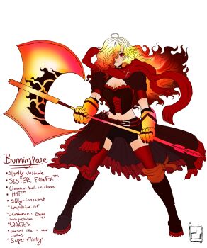 1girl absurdres armored_gloves axe battle_axe bike_shorts black_corset black_flower black_rose blonde_hair boots corset dress fighting_stance flower fusion gauntlets gradient_hair hair_over_one_eye highres holding holding_axe knee_boots midriff midriff_peek multicolored_hair navel pricklyalpaca puffy_short_sleeves puffy_sleeves red_corset red_eyes red_hair red_scarf red_thighhighs rose ruby_rose rwby scarf short_sleeves simple_background square_neckline thigh_boots thighhighs two-tone_hair weapon white_background yang_xiao_long