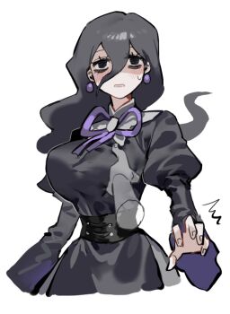 1girl bags_under_eyes black_dress black_eyes black_hair blush breasts corset disembodied_hand dress earrings floating_hair groping hair_between_eyes hex_maniac_(pokemon) hex_maniac_(pokemon_legends:_z-a) jewelry juliet_sleeves large_breasts long_hair long_sleeves looking_at_viewer nintendo open_mouth parted_lips pokemon pokemon_legends:_z-a puffy_sleeves raine_(acke2445) shaded_face simple_background sweatdrop white_background