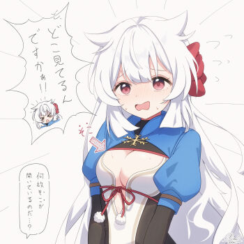 &gt;_&lt; 1girl absurdres arrow_(symbol) breasts cleavage flying_sweatdrops fuyuka_(stella_sora) highres k0me long_hair looking_at_viewer open_mouth pink_eyes pom_pom_(clothes) puffy_sleeves snowflake_ornament solo speech_bubble stella_sora translation_request upper_body white_hair