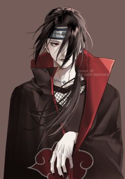 Rule 34 | 1boy, akatsuki uniform, black coat, black hair, black nails, black shirt, brown background, closed mouth, coat, commentary request, fishnet top, fishnets, forehead protector, hair over one eye, headband, high collar, highres, jewelry, long hair, long sleeves, looking at viewer, low ponytail, male focus, nail polish, naruto (series), necklace, ninja, pale skin, ponytail, red eyes, shirt, simple background, solo, twitter username, uchiha itachi, upper body, watermark, xiangyun, ykmr (haga)