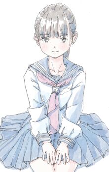 1girl blue_sailor_collar blue_skirt blunt_bangs blush brown_eyes brown_hair closed_mouth collarbone cowboy_shot dot_nose hands_on_own_thighs highres long_sleeves looking_at_viewer neckerchief original parted_bangs pleated_skirt ponytail poranka_(porankaran) red_neckerchief sailor_collar school_uniform serafuku shirt short_hair simple_background single_sidelock sitting skirt smile solo thighs white_background white_shirt