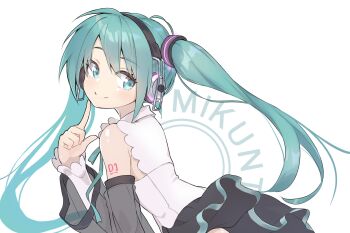 Rule 34 | 1girl, aqua hair, aqua ribbon, aqua trim, arm tattoo, black skirt, character name, closed mouth, commentary request, detached sleeves, hair between eyes, hair ornament, hatsune miku, hatsune miku (nt), headphones, headset, highres, light blush, long hair, long sleeves, number tattoo, piapro studio, pleated skirt, ribbon, see-through clothes, see-through sleeves, shika, shirt, simple background, skirt, sleeveless, sleeveless shirt, smile, solo, tattoo, twintails, very long hair, vocaloid, white background, white shirt, wide sleeves