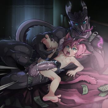 2boys animal_ears barefoot borrowed_character cat_boy cat_ears cat_tail dragon erection feet gat_(character) highres interspecies lizardman lunaflame male_focus money monster multiple_boys open_mouth original penis pink_hair precum saliva scales shota size_difference soles spread_legs spread_toes tail testicles toes uncensored yaoi