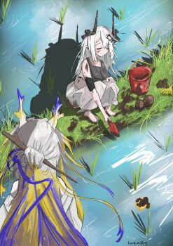 2girls arknights black_horns black_sports_bra blonde_hair blue_hair blue_horns bucket chinese_commentary closed_eyes cloud commentary_request day demon_horns digging dorodango from_behind full_body hair_ornament hair_stick highres holding holding_shovel horns kuramidomoyasi long_hair looking_at_another material_growth midriff mud mudrock_(arknights) multiple_girls oripathy_lesion_(arknights) outdoors pants pointy_ears rake reflection rice rice_paddy sarashi shovel shu_(arknights) signature smile split_mouth sports_bra squatting upper_body water white_hair white_horns white_pants yellow_horns