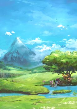 1boy day gen_1_pokemon highres lapras legendary_pokemon mizushirazu nidoking nintendo omastar outdoors pidgeot pokemon pokemon_(creature) red_(pokemon) scenery twitch_plays_pokemon venomoth zapdos