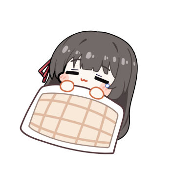 1girl :3 ball_hands black_hair chibi chibi_only chisa_(wuthering_waves) closed_eyes closed_mouth commentary futon hair_ribbon long_hair red_ribbon ribbon simple_background solo symbol-only_commentary tears twomoon under_covers white_background wuthering_waves