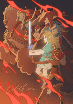 1girl 4boys archaic_set_(zelda) clenched_hand commentary english_commentary english_text from_side gerudo gladiator_sandals goron highres holding holding_sword holding_weapon link long_hair master_sword multiple_boys nintendo pointy_ears profile red_background riju rito rutiwa sandals sidon sword the_legend_of_zelda the_legend_of_zelda:_tears_of_the_kingdom tulin_(zelda) two-handed weapon yunobo zora