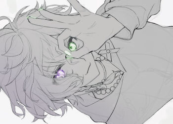 1boy commentary_request green_eyes heterochromia looking_at_viewer male_focus matochi_(fa) murakumo_kagetsu nijisanji ok_sign ok_sign_over_eye purple_eyes simple_background sketch smile solo spot_color upper_body virtual_youtuber white_background