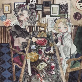 2girls absurdres acrylic_paint_(medium) alcohol black_dress blonde_hair blue_eyes bow brown_eyes brown_hair candle chair closed_mouth commentary cup curly_hair dress drink flower food glass halo highres indoors karintoun long_sleeves looking_at_viewer multiple_girls original painting_(medium) patterned_background plate pumpkin ribbon rose short_hair simple_background sitting smile stuffed_animal stuffed_toy table teacup teddy_bear traditional_media vintage_clothes watercolor_(medium) white_flower white_rose wine