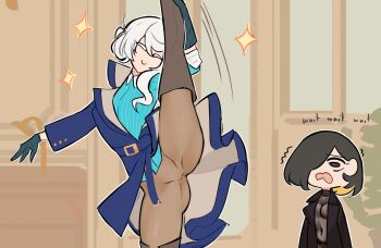 2girls arm_out_of_sleeve ass black_eyes boots borrowed_character breasts brown_pants centurii-chan closed_eyes commentary covered_navel english_commentary english_text gloves highres holding_own_leg kamura_(rain_prophet) multicolored_hair multiple_girls one_eye_covered original pants rapier-chan_(centurii-chan) see-through_cleavage see-through_clothes short_hair smile sparkle split standing standing_on_one_leg standing_split thigh_boots tight_clothes tight_pants trembling two-tone_hair white_hair