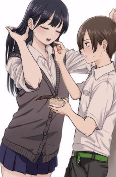 1boy 1girl black_hair black_pants blue_skirt boku_no_kokoro_no_yabai_yatsu box box_of_chocolates cardigan chocolate closed_eyes collared_shirt cowboy_shot feeding food hair_lift hand_in_own_hair hand_up hetero highres holding holding_food holding_own_hair ichikawa_kyoutarou kabedon long_hair narumi_(62rimi) open_clothes pants pleated_skirt profile purple_cardigan school_uniform shirt short_hair short_sleeves simple_background skirt white_background white_shirt yamada_anna