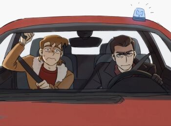 2boys anthony_stellar black_eyes black_hair black_jacket brown_hair brown_jacket car car_interior closed_mouth dmitry_bratsky driving frown fur-trimmed_jacket fur_trim hashtag-only_commentary highres jacket long_sleeves male_focus motor_vehicle multiple_boys my_student_spirit open_clothes open_jacket red_shirt shirt short_hair simple_background steering_wheel upper_body white_background yy20251111