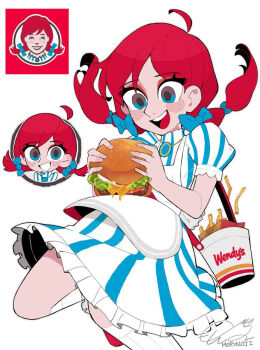 1girl ahoge artist_name blue_eyes burger dress food freckles french_fries frills highres low_twintails mori_no_ji multiple_persona open_mouth pinstripe_pattern puffy_short_sleeves puffy_sleeves red_hair short_sleeves signature smile striped_clothes striped_dress twintails vertical-striped_clothes vertical-striped_dress wendy's wendy_(wendy's)