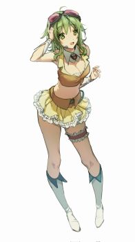 1girl ahoge boots breasts cleavage collared_shirt frilled_thigh_strap full_body goggles goggles_on_head green_eyes green_hair gumi hair_between_eyes hashtag-only_commentary headset highres knee_boots medium_breasts miniskirt open_mouth orange_shirt orange_skirt shirt short_hair skirt smile solo standing thigh_strap vocaloid white_background white_boots wjsrlrlxk