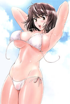 1girl :o absurdres armpits arms_up bikini blue_sky breasts brown_eyes brown_hair cloud floating_hair hantsu_x_trash highres kobayashi_hiyoko large_breasts medium_hair navel non-web_source official_art open_mouth shiny_skin side-tie_bikini_bottom sky solo swimsuit third-party_edit wardrobe_malfunction white_bikini