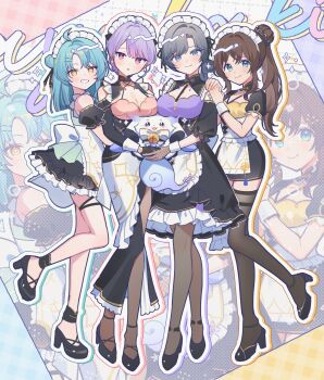 4girls :3 absurdres ahoge apron aqua_hair ayakaki_(nijisanji) bare_shoulders bell black_corset black_dress black_gloves black_pantyhose black_ribbon black_shoes black_thighhighs blue_eyes blush bow bowtie bra braid braided_sidelocks breasts brown_hair chibikemo chinese_clothes cleavage cleavage_cutout clothing_cutout collar colored_bangs corset criss-cross_straps detached_sleeves dress fishnet_gloves fishnets framed_breasts framed_cleavage frilled_collar frills full_body furry gloves gradient_eyes grey_hair hair_between_eyes hair_bun hair_ornament high_heels highres jewelry jingle_bell kisara_(maid)_(nijisanji) kisara_(nijisanji) kozue_mone kozue_mone_(maid) large_breasts long_hair long_skirt looking_at_viewer lunlun_(maid)_(nijisanji) lunlun_(nijisanji) maid maid_headdress medium_breasts mole mole_under_mouth multicolored_eyes multiple_girls nape_braid neck_bell nijisanji open_mouth pantyhose parted_bangs pink_eyes puritan_collar purple_bra purple_hair qi_maid ribbon shiga_riko shiga_riko_(maid) shoes skirt smile tamanoi_nana tamanoi_nana_(maid) taut_clothes taut_skirt thighhighs underwear virtual_youtuber waist_apron waka_(wk4444) white_apron white_bow white_bowtie wrist_cuffs yellow_eyes