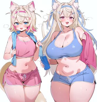 2girls absurdres animal_ear_fluff animal_ears artist_name bare_shoulders blonde_hair blue_eyes blue_headband blue_nails blue_shorts blue_sports_bra blue_streaks blush bottle breasts cleavage collarbone commentary crop_top crossed_bangs curvy dog_ears dog_girl dog_tail dolphin_shorts english_commentary fake_horns front-tie_shorts fuwawa_abyssgard hair_between_eyes hair_intakes hair_ornament hairclip hairpin headband highres holding holding_bottle hololive hololive_english horns large_breasts long_hair midriff mococo_abyssgard multicolored_hair multiple_girls nail_polish navel o-rindou5100 open_mouth parallel_hairclips pink_eyes pink_headband pink_nails pink_shirt pink_shorts pink_streaks shirt short_hair shorts simple_background sleeveless small_breasts small_horns smile sports_bra standing streaked_hair sweat tail thighs towel towel_around_neck two_side_up very_long_hair virtual_youtuber water_bottle white_background x_hair_ornament