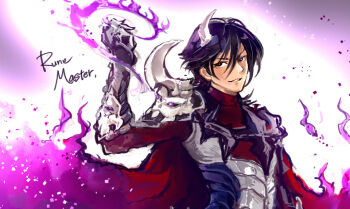 Rule 34 | 1boy, armor, black eyes, breastplate, cape, commentary request, fire, gobaku no hito, horns, looking at viewer, male focus, pauldrons, purple background, purple fire, purple hair, pyrokinesis, ragnarok masters, ragnarok online, red cape, red shirt, runemaster (ragnarok masters), shirt, short hair, shoulder armor, single pauldron, skull pauldron, smile, solo, upper body, white horns