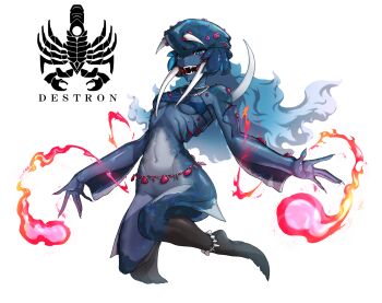 1girl anklet blue_eyes blue_hair blue_skin breasts colored_skin commentary eidenjyou1997 english_commentary fire flippers genderswap genderswap_(mtf) highres jewelry kamen_rider kamen_rider_v3_(series) logo monster_girl navel necklace onibi_seiuchi open_mouth pyrokinesis sharp_teeth simple_background solo teeth tusks underboob walrus_girl white_background