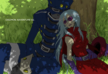 Rule 34 | > <, 00s, amatera, archnemon, blush, digimon, digimon (creature), digimon adventure 02, dress, closed eyes, glasses, gloves, hat, mummymon, smile, white hair, witch hat