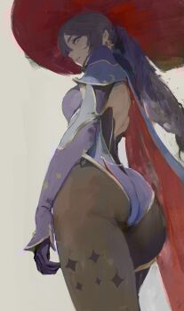 1girl ass ass_focus black_gloves black_pantyhose blue_leotard bodystocking breasts brush_stroke cape daodtt detached_sleeves earrings fur_collar genshin_impact gloves gold_trim hat hat_ornament highres jewelry leotard long_hair looking_at_viewer mona_(genshin_impact) pantyhose purple_hair purple_leotard solo sparkle_print star_(symbol) star_earrings thighlet traditional_media twintails witch_hat
