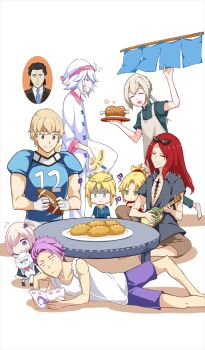 3girls 5boys age_difference aged_down agravain_(fate) ahoge american_football_(object) american_football_uniform apron artoria_pendragon_(fate) artoria_pendragon_(lancer)_(fate) ball bare_arms bare_legs bedivere_(fate) black_shirt blonde_hair boned_meat book braid bread brown_apron brown_shorts chest_tattoo child circlet closed_eyes closed_mouth commentary creature double-parted_hair excalibur_(fate/stay_night) expressionless eyewear_on_head family fate/grand_order fate_(series) food fou_(fate) gawain_(fate) gloves green_eyes green_shirt grey_hair hair_ornament hair_over_one_eye haruno_tomoya hat holding holding_book holding_creature holding_instrument holding_pillow holding_plate holding_ukulele instrument lancelot_(fate/grand_order) long_hair long_sleeves looking_at_another low_twintails lying mash_kyrielight meat merlin_(fate) merlin_(our_round_table)_(fate) mordred_(fate) multiple_boys multiple_girls music nasu_kinoko nightcap official_alternate_costume official_art on_side one_side_up open_mouth pajamas pants parody_request photo_(object) pillow pink_hair plate playing_instrument ponytail purple_eyes purple_hair purple_shorts reading red_hair red_scrunchie round_table scrunchie shirt short_hair short_sleeves shorts simple_background sitting smile sportswear squeans sunglasses table tattoo teeth third-party_source tristan_(fate) twintails type-moon ukulele v-shaped_eyebrows white_background white_gloves white_hair white_pants white_shirt