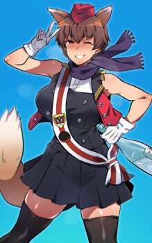 Rule 34 | 1girl, 31st joint fighter squadron afrika (emblem), alcohol, animal ears, black skirt, black thighhighs, black vest, blue background, blue scarf, blush, bottle, brown eyes, brown hair, cowboy shot, cropped jacket, dog ears, dog tail, dress shirt, earrings, em (totsuzen no hakike), emblem, garrison cap, gloves, grin, hat, holding, holding bottle, idol, jacket, jewelry, katou keiko, looking at viewer, miniskirt, one eye closed, pleated skirt, red hat, red jacket, red sash, sash, scarf, shirt, short hair, skirt, sleeveless, sleeveless jacket, smile, solo, standing, stud earrings, tail, thighhighs, v, v over eye, vest, vodka, white gloves, white shirt, witches of africa, world witches series