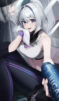3girls absurdres against_mirror ahoge bag bare_shoulders baseball_cap black_hat black_jacket black_pants black_shirt blush bra breasts cellphone charm_(object) cleavage crying dancer dripping duffel_bag foreshortening grey_hair hair_intakes hat highres ine_(vtuber) jacket large_breasts long_hair looking_at_viewer magictuna mirror multiple_girls nike_(company) open_mouth pants phone plastic_bottle ponytail purple_eyes see-through_cleavage see-through_clothes shirt sitting smartphone smile solo_focus sports_bra sweat sweaty_clothes tears thighs towel underwear viichan virtual_youtuber waktaverse wavy_mouth wet wet_clothes white_sports_bra wiping_sweat workout_clothes yoga_pants zipper