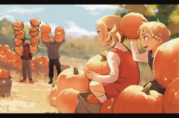 1girl 3boys alternate_costume alternate_hair_color arms_up autumn bad_id bad_tumblr_id bakugou_katsuki black_pants black_whip_(boku_no_hero_academia) blank_eyes blonde_hair blue_overalls blurry blurry_background boku_no_hero_academia brother_and_sister brown_jacket buttons carrying carrying_over_shoulder casual child cloud collared_jacket commentary day english_commentary fence film_grain food freckles grass green_hair grey_footwear grey_hair hair_bobbles hair_ornament hands_up highres holding holding_food holding_pumpkin holding_vegetable jacket kneehighs legs_apart looking_at_another midoriya_izuku multicolored_scarf multiple_boys open_mouth outdoors overall_skirt overalls pants pile pink_overalls pocket profile pumpkin reallyveverka red_footwear red_sweater round_teeth sack scarf shimano_katsuma shimano_mahoro shirt shoes short_hair siblings side-by-side sideways_mouth sitting smile sneakers socks spiked_hair stack standing striped_clothes striped_scarf sweater t-shirt teeth tendril turning_head twintails upper_teeth_only vegetable vertical-striped_clothes vertical-striped_scarf white_socks yellow_eyes yellow_scarf