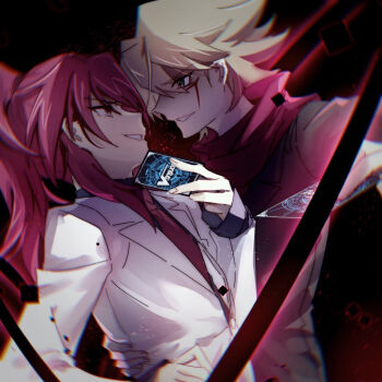 Rule 34 | 2boys, androgynous, black background, black coat, black shirt, blazer, blonde hair, card, cardfight!! vanguard, coat, evil grin, evil smile, facial mark, facing another, green eyes, grin, hair slicked back, hand on another's back, hand on another's waist, high ponytail, holding, holding card, jacket, kai toshiki, kanahibidaisuki, leaning on person, long sidelocks, looking at another, magic, male focus, multiple boys, necktie, outstretched arm, ponytail, red eyes, red hair, red necktie, red scarf, scarf, shadow, shirt, sidelocks, smile, suzugamori ren, upper body, white coat