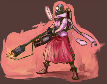 Rule 34 | 1girl, aimitsu (ibityuttyu), androgynous, boots, brown background, canister, cardigan, crossover, female focus, fire, flamethrower, full body, gas mask, gloves, helmet, holding, holding flamethrower, holding weapon, long skirt, looking at viewer, mask, matsumi yuu, mittens, parody, pyro (tf2), saki, saki (manga), saki achiga-hen, scarf, simple background, skirt, solo, team fortress 2, translation request, weapon