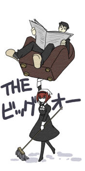 1boy 1girl armchair ascot black_dress black_hair black_hairband black_pants black_pantyhose broom brown_hair chair collared_shirt dress full_body hairband headscarf hiryu-ipu holding holding_broom holding_chair holding_newspaper newspaper pants pantyhose r_dorothy_wayneright reading roger_smith shirt simple_background slippers strong the_big_o white_ascot white_background white_headscarf