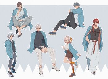 1girl 5boys adapted_costume belt black_pants black_shirt black_shoes black_sweater blue_cardigan blue_jacket blue_shoes bow bracelet brown_hair buttons cardigan cardigan_on_shoulders collared_shirt contemporary facial_scar fate/grand_order fate_(series) full_body grey_pants hair_bow hair_over_shoulder hair_slicked_back hands_in_pockets harada_sanosuke_(fate) highres hood hooded_jacket jacket jacket_on_shoulders jewelry long_hair long_sleeves multiple_boys multiple_scars nagakura_shinpachi_(fate) okita_souji_(fate) open_clothes open_jacket orange_bow orange_socks pants red_hair saitou_hajime_(fate) scar scar_on_arm scar_on_cheek scar_on_face scar_on_forehead scar_on_shoulder shinsengumi_(fate) shirt shoes shorts sitting sleeveless sleeveless_shirt socks striped_clothes striped_shorts sweater toned toned_male toudou_heisuke_(fate) turtleneck turtleneck_sweater unbuttoned uni_(nico02) v v-neck vertical-striped_clothes vertical-striped_shorts white_hair white_pants white_shirt white_shoes yamanami_keisuke_(fate)