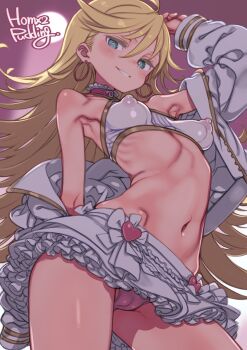 1girl blonde_hair blue_eyes breasts cameltoe covered_erect_nipples earrings highres hoop_earrings jewelry long_hair looking_at_viewer navel panties panty_&amp;_stocking_with_garterbelt panty_(psg) puddinghomhom skirt small_breasts smile solo underwear