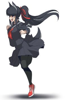 1girl animal_ears black_skirt brown_eyes floating_hair highres long_hair makino_momiji_(artist) original pantyhose ponytail cougar school_uniform serafuku shoes skirt sneakers tail tongue tongue_out very_long_hair white_background wolf_ears