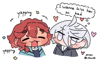 2girls black_jacket blue_jacket blush closed_eyes commentary dated english_commentary english_text gundam gundam_suisei_no_majo heart highres jacket miorine_rembran multiple_girls open_mouth red_hair shi_choux shirt simple_background smile speech_bubble suletta_mercury thick_eyebrows thought_bubble twitter_username white_background white_eyes white_hair white_shirt yuri