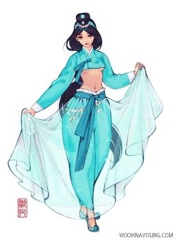 1girl aladdin_(movie) alternate_costume aqua_pants aqua_shirt belly belt black_hair blue_footwear blue_ribbon breasts brown_eyes crop_top dark-skinned_female dark_skin disney flats gypsy hair_ornament hanbok hanbok_top harem_pants jasmine_(disney) korean_clothes low_ponytail midriff navel nayoung_wooh pants ponytail redesign ribbon sash see-through_clothes see-through_skirt shirt skirt skirt_hold solo tiara traditional_clothes underboob white_background