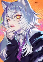 Rule 34 | 1girl, absurdres, animal ears, black nails, blue hair, choker, earrings, fangs, fingernails, highres, jewelry, lips, long hair, long sleeves, looking at viewer, morikura en, multicolored hair, nail polish, necktie, original, ring, scan, simple background, sleeves past wrists, smile, solo, tail, teeth, tongue, torn clothes, upper body, upper teeth only, white hair, wolf ears, wolf girl, wolf tail, yellow eyes