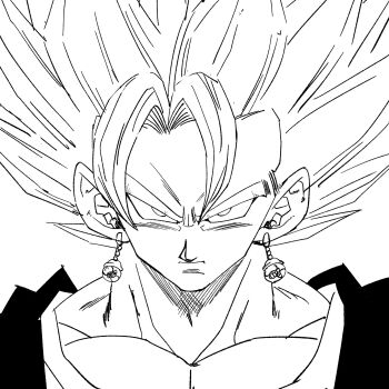 1boy 1rasutotoukou dragon_ball dragonball_z earrings greyscale highres jewelry medium_hair monochrome muscular muscular_male potara_earrings simple_background solo spiked_hair super_saiyan super_saiyan_1 upper_body vegetto white_background