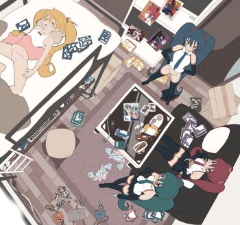 4girls alternate_color aqua_eyes aqua_hair ashley_(warioware) bad_id bad_pixiv_id bed blonde_hair blush box bunk_bed can chips_(food) closed_eyes controller couch drink_can eating elbow_gloves food from_above game_console game_controller ganaha_hibiki gloves green_hair hand_on_own_hip hands_on_own_hips hatsune_miku highres idolmaster idolmaster_(classic) long_hair lying magazine_(object) mario_(series) mega_man_(series) mega_man_legends_(series) multiple_girls namco natalia_(idolmaster) nintendo no_pants open_mouth panties playstation_1 poster_(object) red_eyes red_hair saliva servbot_(mega_man) sitting skirt skullgirls sleeping soda_can striped_clothes striped_panties thighhighs tissue tissue_box tron_bonne_(mega_man) twintails underwear valentine_(skullgirls) very_long_hair vocaloid warioware yajirushi_kaku yamaha yellow_eyes