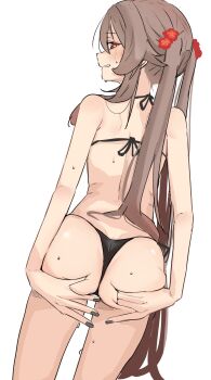 1girl absurdres ass back bikini black_bikini black_nails blush brown_hair commentary_request cowboy_shot dutch_angle flower from_behind genshin_impact grabbing_own_ass hair_flower hair_ornament highres hu_tao_(genshin_impact) light_smile long_hair looking_back nail_polish parted_lips red_eyes showtime775 sidelocks simple_background solo sweat swimsuit twintails white_background