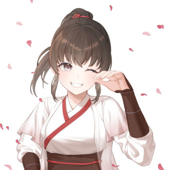 aesice arm_guards blush bracer brown_eyes brown_hair chinese_clothes commentary_request facing_viewer falling_petals fingernails grin hanfu highres layered_sleeves legend_of_mortal long_hair long_sleeves one_eye_closed petals ponytail red_petals sash short_over_long_sleeves short_sleeves sidelocks simple_background smile upper_body white_background yu_xiaomei