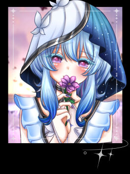 1girl absurdres blue_hair blue_veil colored_eyelashes commentary flower hair_between_eyes highres holding holding_flower looking_at_viewer nail_polish outside_border portrait purple_eyes purple_nails seno_(snllian) shorekeeper_(wuthering_waves) solo two-tone_veil veil white_veil wuthering_waves