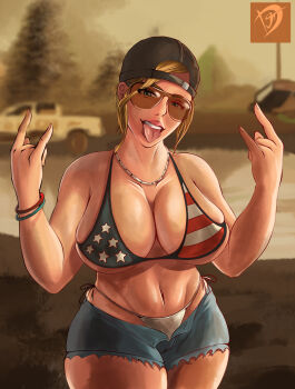 1girl absurdres american_flag american_flag_bikini american_flag_print backwards_hat bikini black_hat blonde_hair blue_eyes blue_shorts blurry blurry_background bracelet breasts brown-tinted_eyewear car darth_jin depth_of_field flag_print flag_print_bikini grand_theft_auto grand_theft_auto_vi hat highres jewelry large_breasts motor_vehicle mud navel necklace open_clothes open_shorts print_bikini redneck_girl_(gta_vi) short_hair short_shorts shorts sunglasses swimsuit teeth tinted_eyewear tongue tongue_out upper_teeth_only white_car