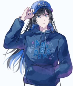 1girl ado_(utaite) black_hair blue_eyes blue_hair blue_hoodie blue_nails chando_(ado) closed_mouth colored_inner_hair commentary corrupted_twitter_file hand_in_pocket hashtag-only_commentary highres hood hood_down hoodie kkeraku long_hair long_sleeves looking_at_viewer multicolored_hair nail_polish simple_background solo utaite white_background