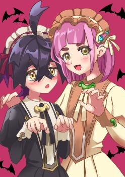 1boy 1girl alternate_costume black_hair blush claw_pose commentary_request crossed_bangs hair_between_eyes hairband halloween halloween_costume highres juliet_sleeves kieran_(pokemon) lacey_(pokemon) lolita_hairband long_sleeves looking_at_viewer mole mole_on_neck multicolored_hair nintendo open_mouth pink_hair pokemon pokemon_sv puffy_sleeves purple_hair ribbon short_hair simple_background yellow_eyes yuu_(szk_get)